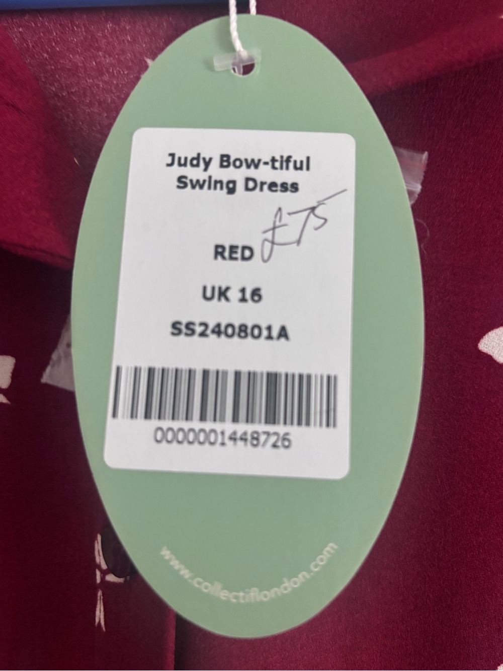 Collectif London Judy Bow Print Swing Dress NWT Burgundy Retro Collared XL UK 16 - Picture 6 of 10